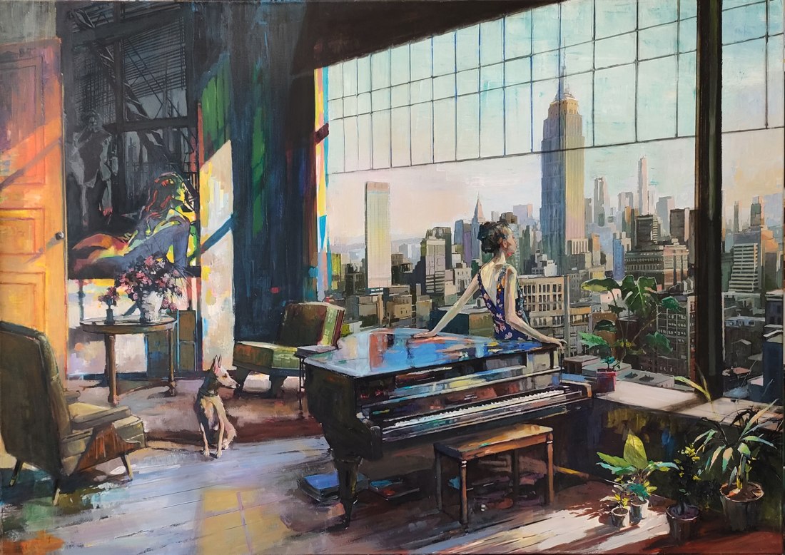 Petite prodige à NYC : une scène peinte avec un piano et la ville en arrière-plan